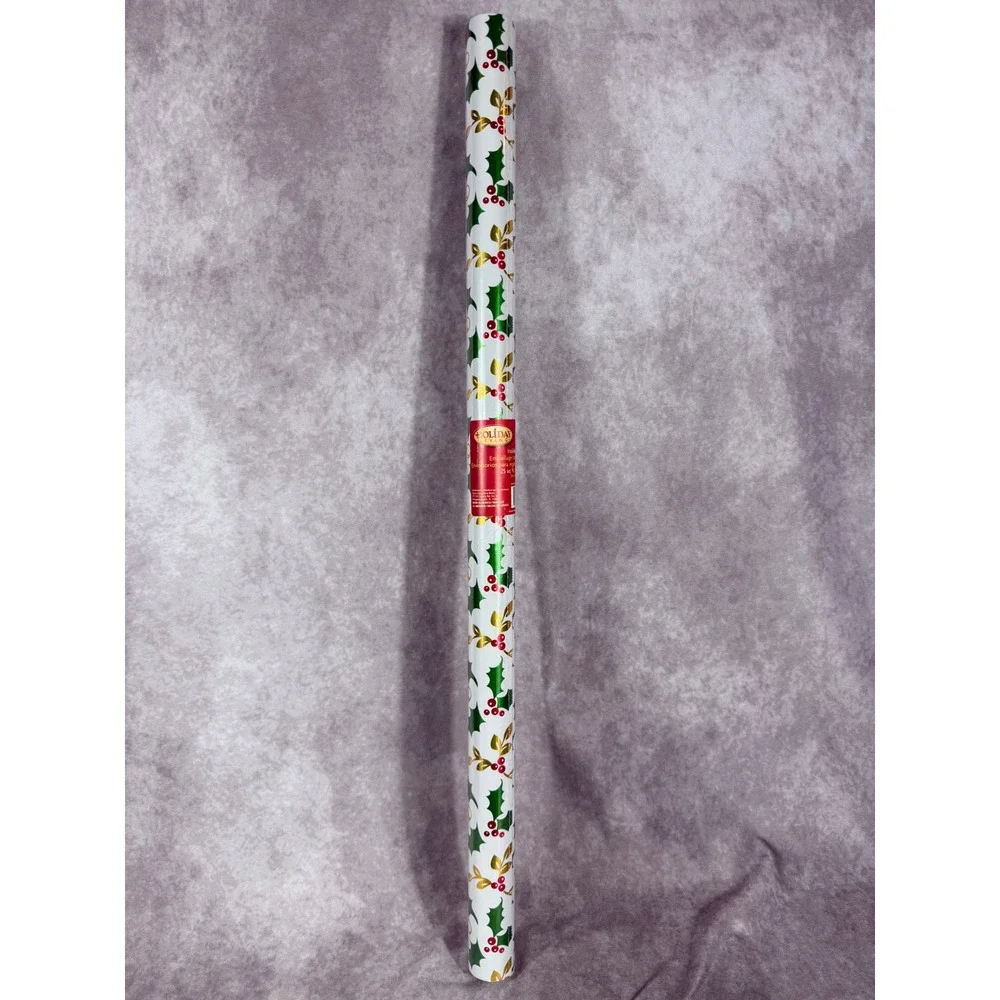 Vtg Y2K Christmas Gift Wrapping Paper Holly Berries Gold Metallic 25 Sq Ft NEW